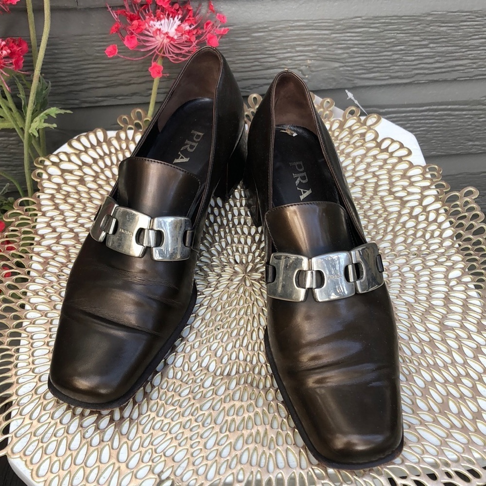 Prada Brown Leather Loafers with Silver Accents
